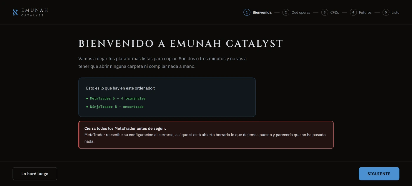 Asistente de primer arranque de Emunah Catalyst